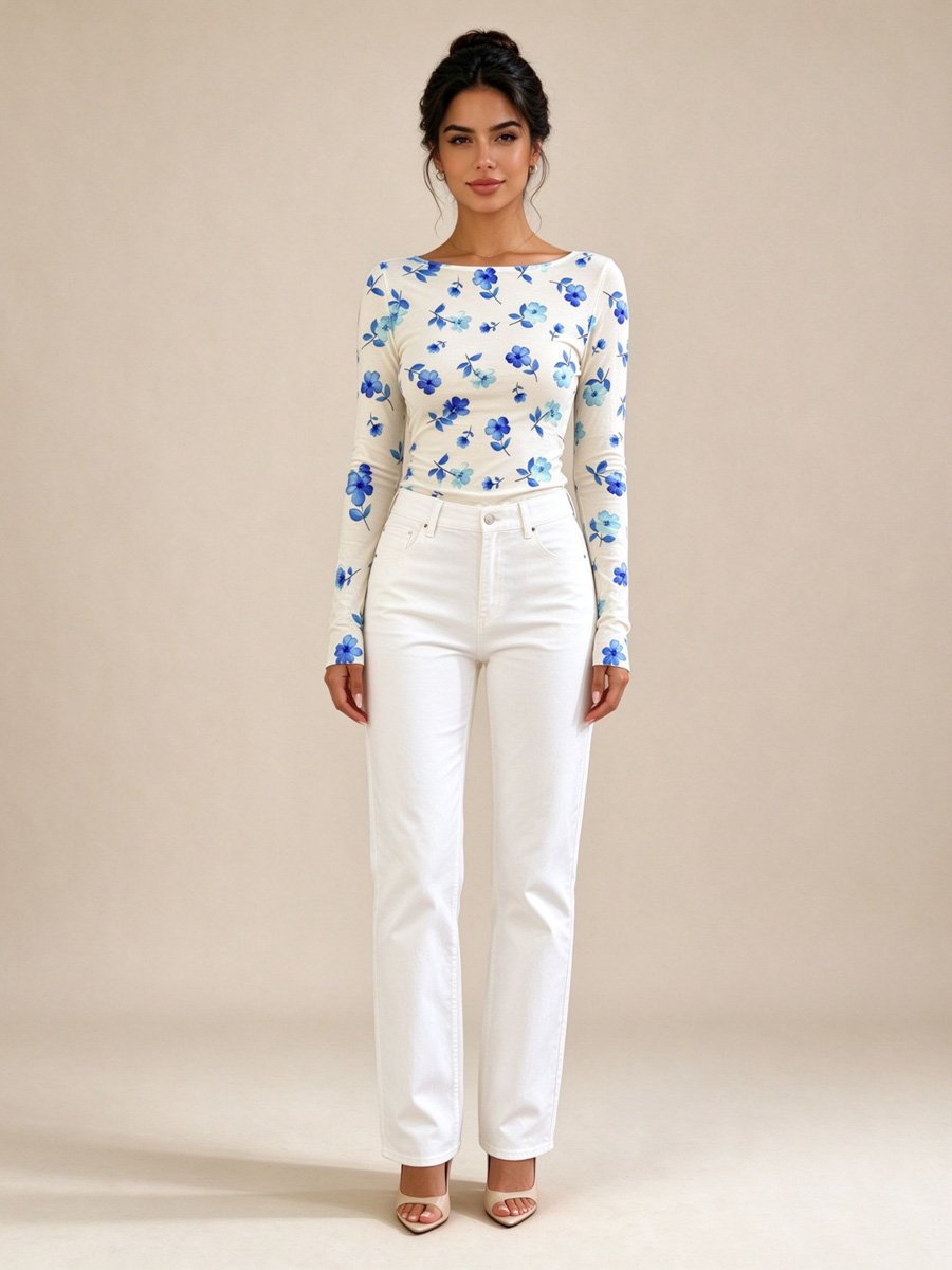 White Floral Boat Neck Top