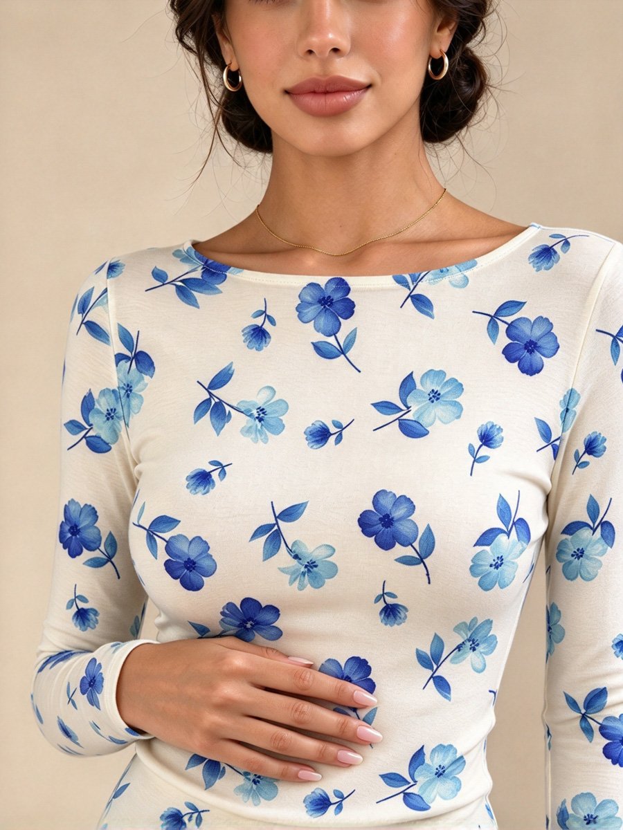 White Floral Boat Neck Top