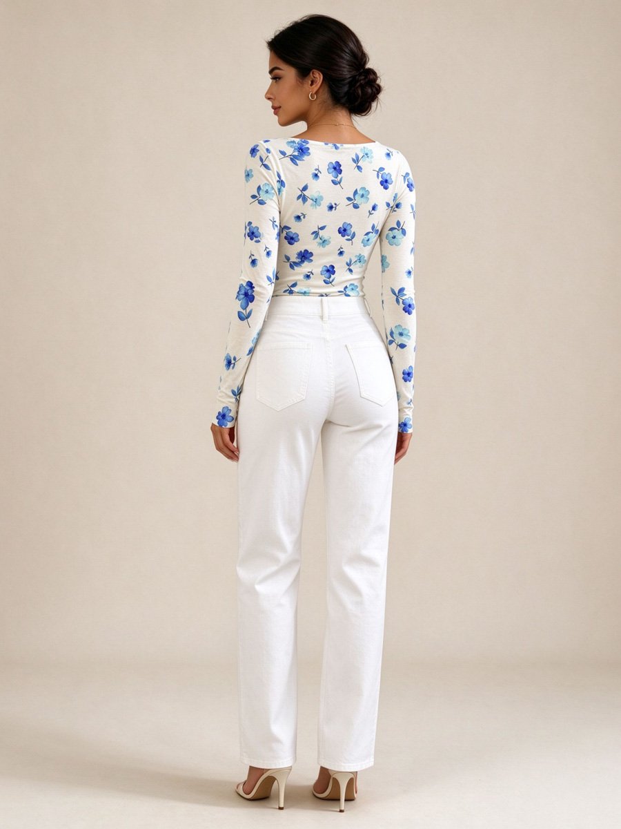 White Floral Boat Neck Top