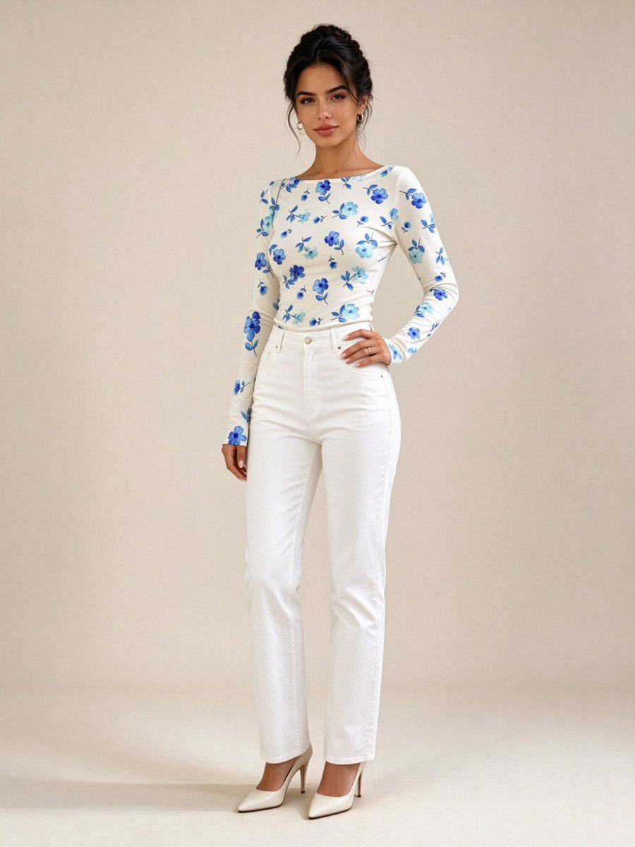 White Floral Boat Neck Top