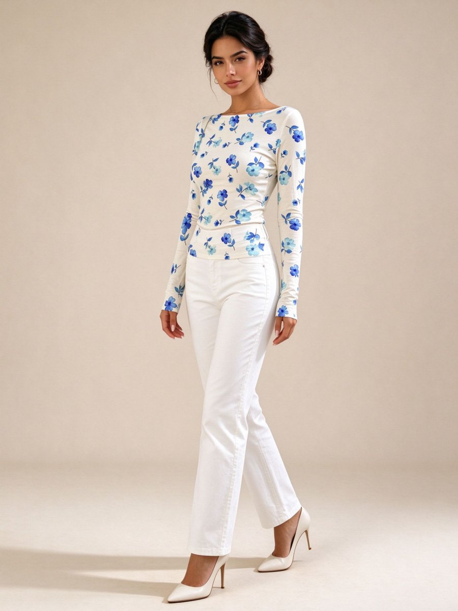 White Floral Boat Neck Top