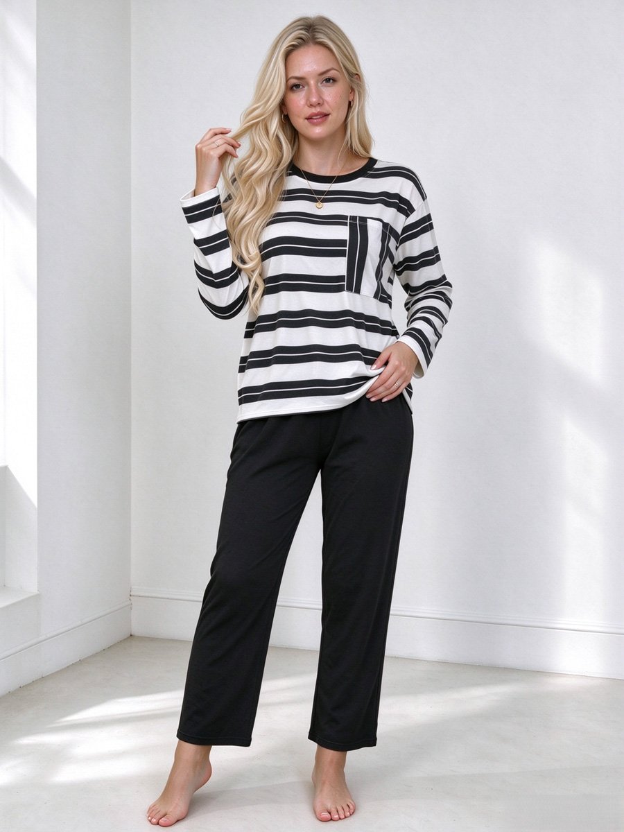 Womens Striped Long-Sleeve Pajama Set with Round Neck