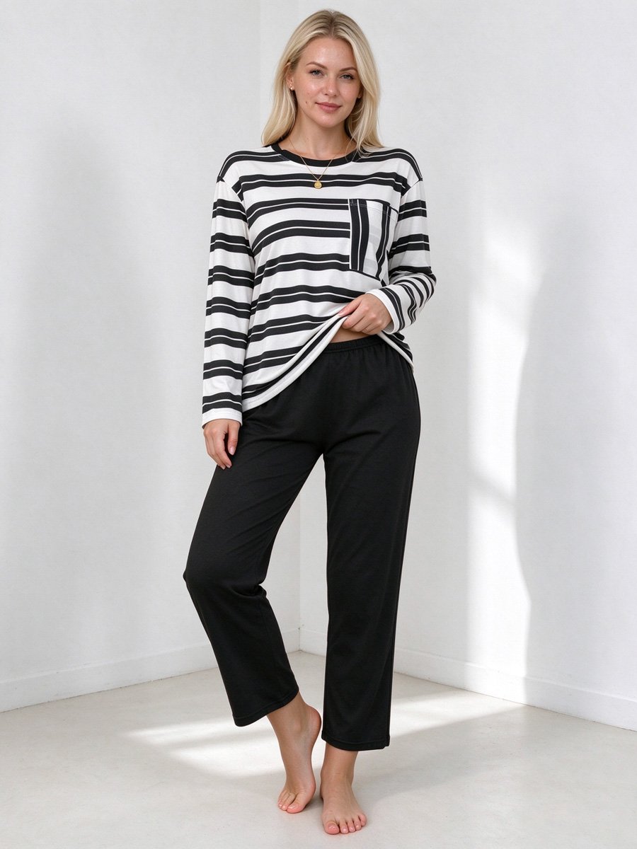 Womens Striped Long-Sleeve Pajama Set with Round Neck