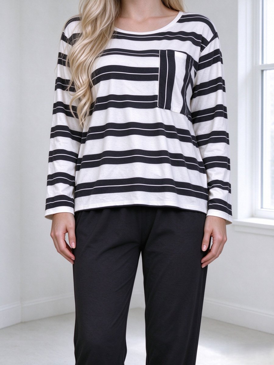 Womens Striped Long-Sleeve Pajama Set with Round Neck