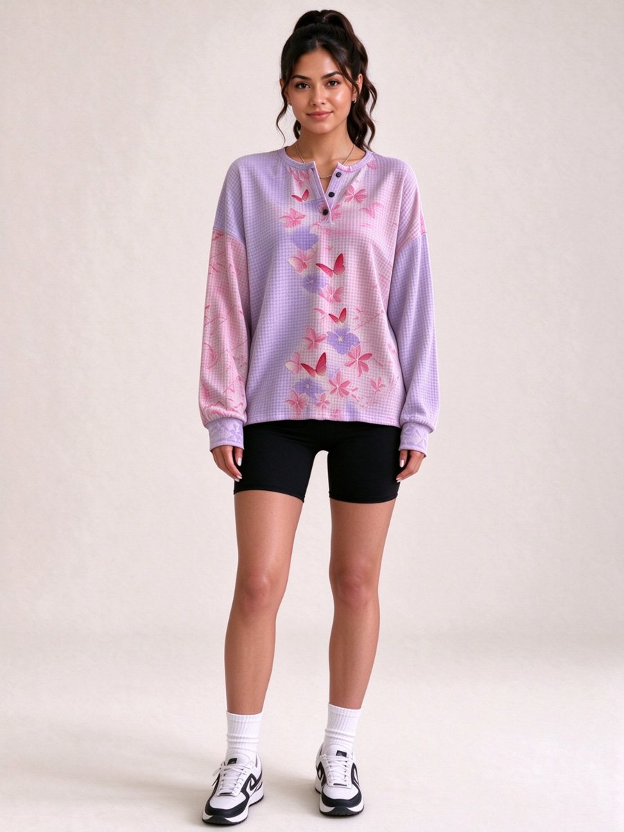 Lilac Waffle Knit Henley Top with Floral Butterfly Print