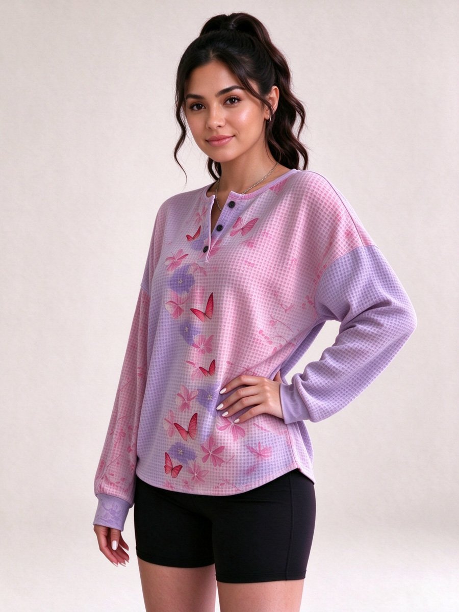 Lilac Waffle Knit Henley Top with Floral Butterfly Print