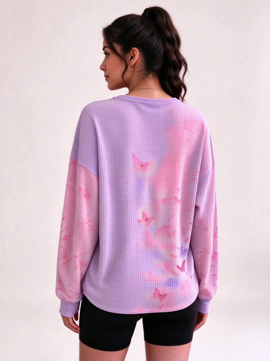 Lilac Waffle Knit Henley Top with Floral Butterfly Print