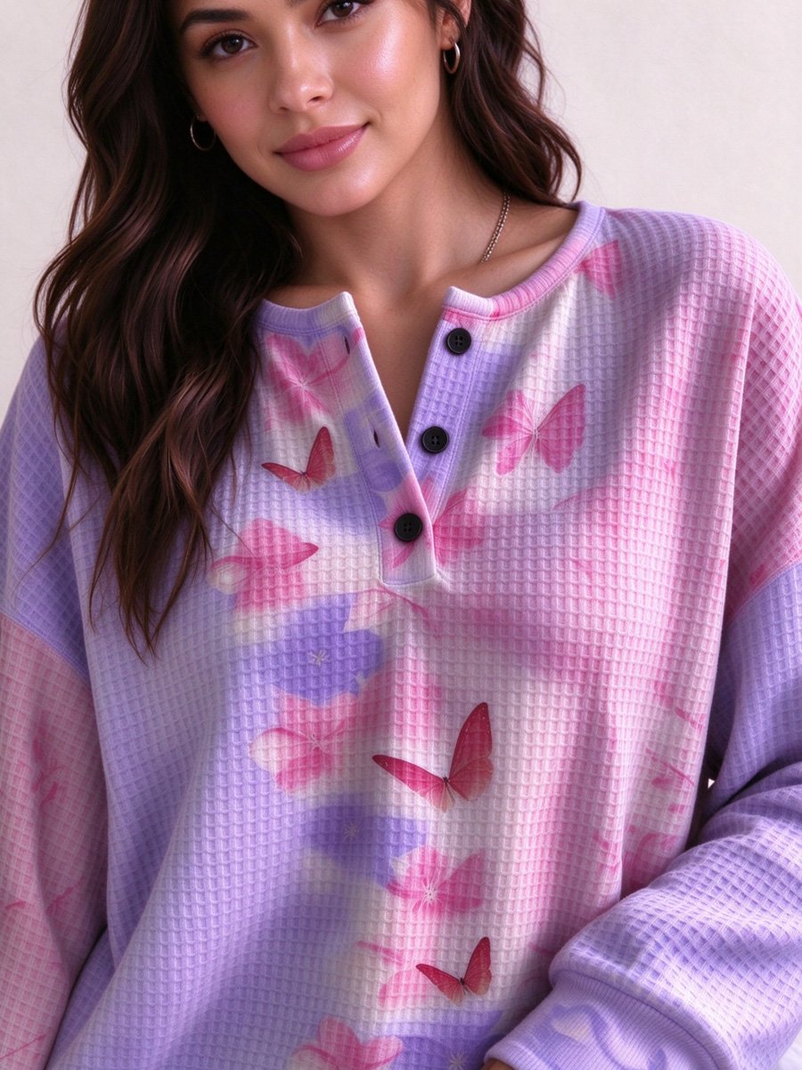 Lilac Waffle Knit Henley Top with Floral Butterfly Print