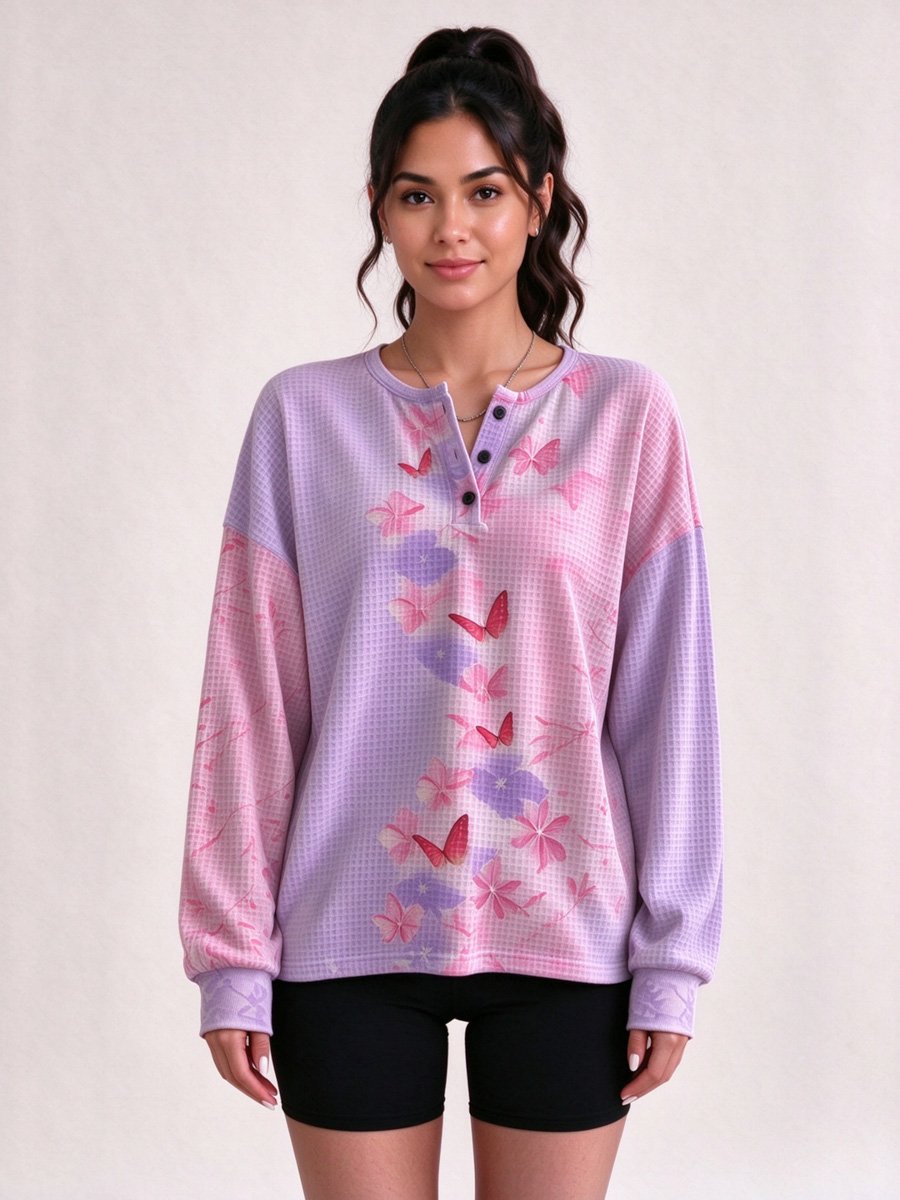 Lilac Waffle Knit Henley Top with Floral Butterfly Print