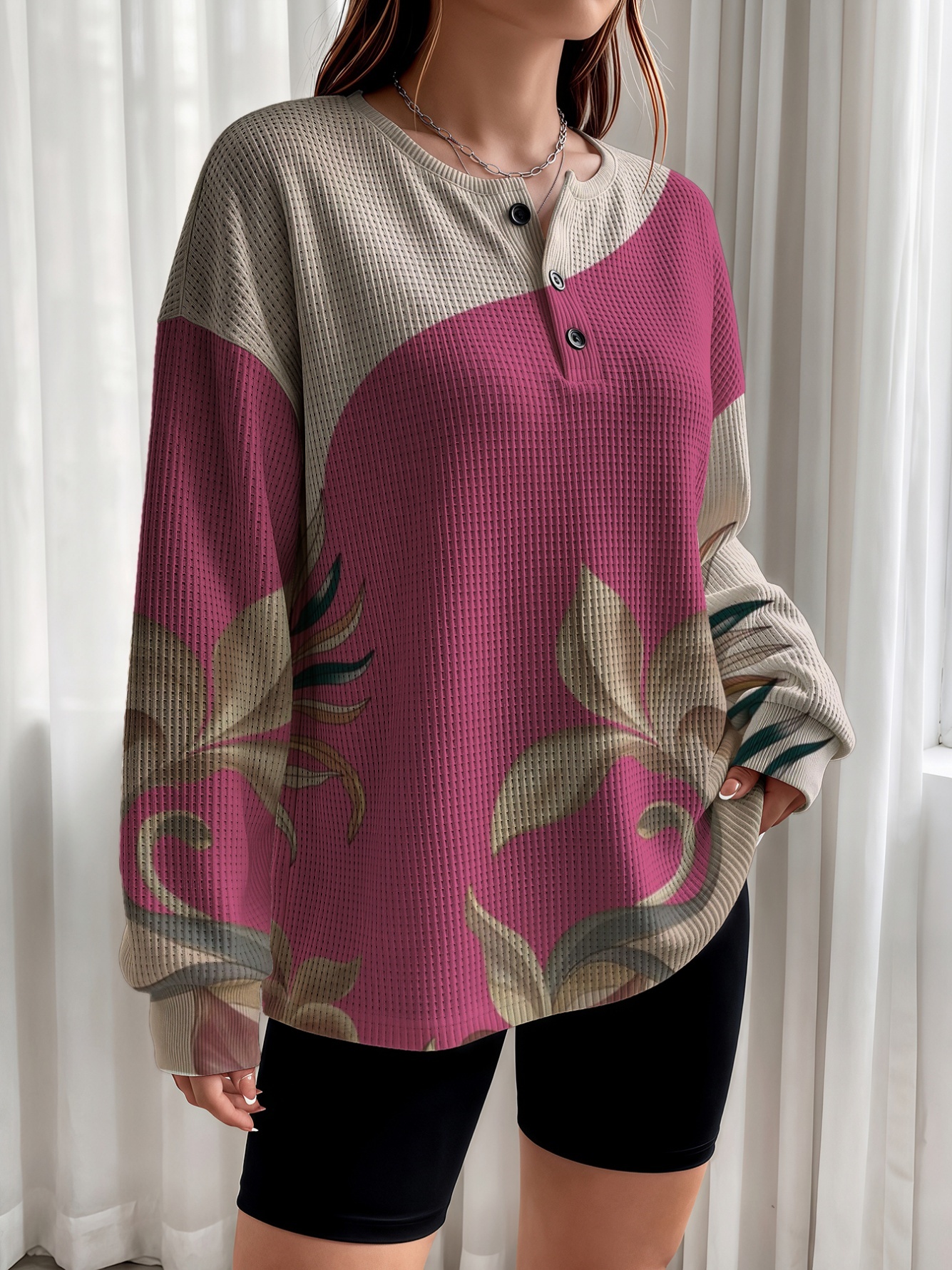 Multi-Color Block Floral Henley Tunic Top