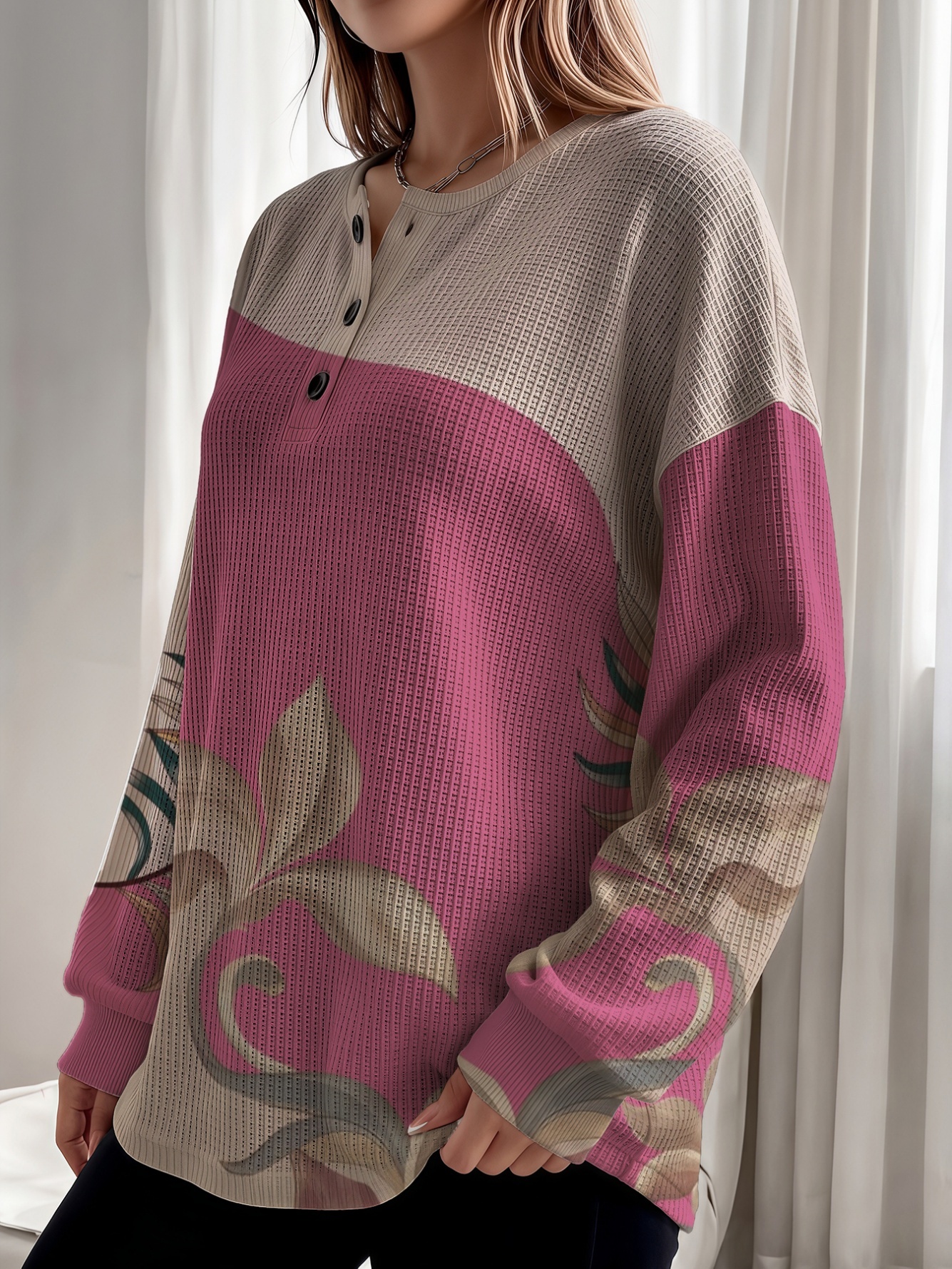 Multi-Color Block Floral Henley Tunic Top