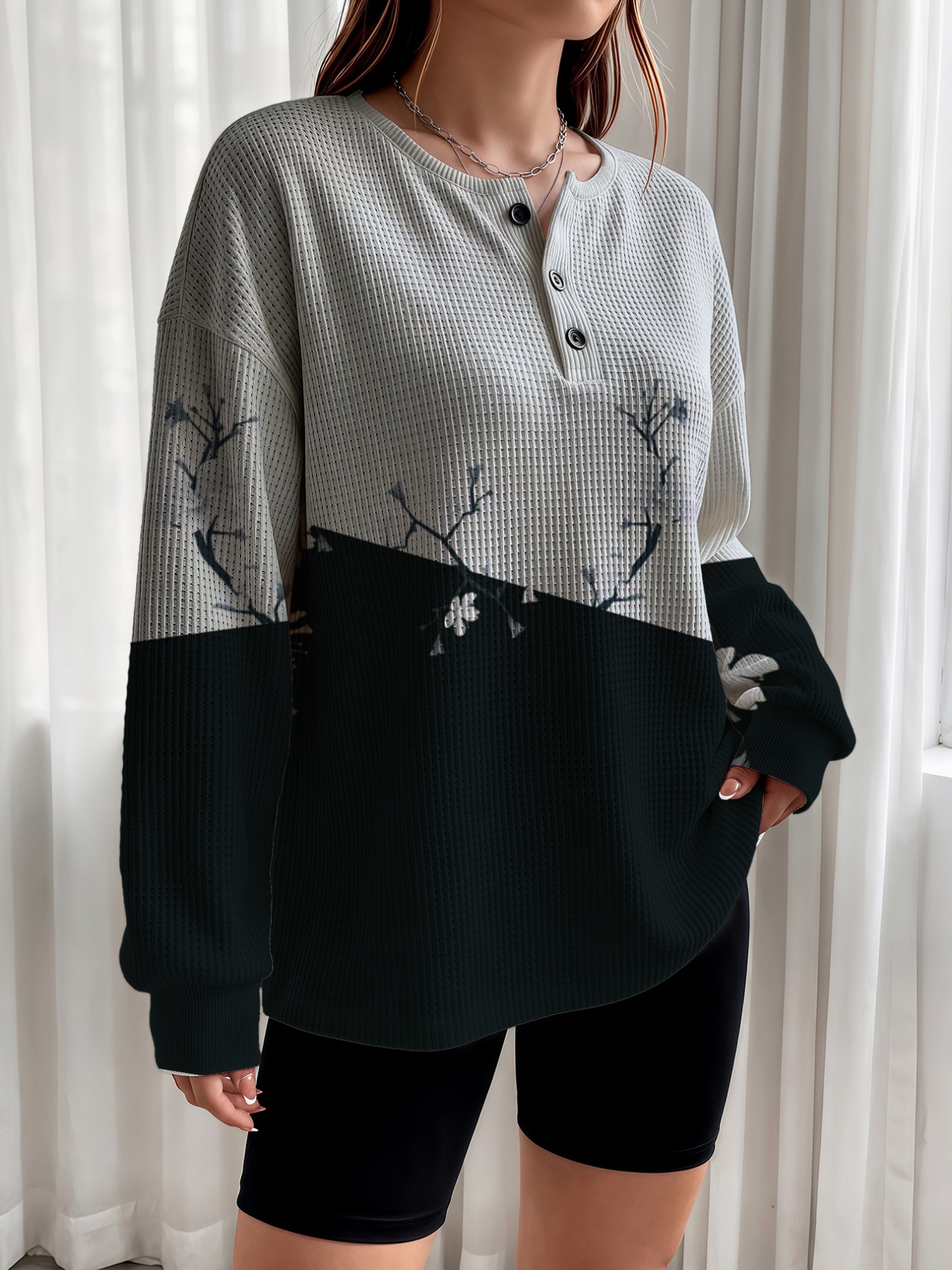 Floral Color Block Henley Top