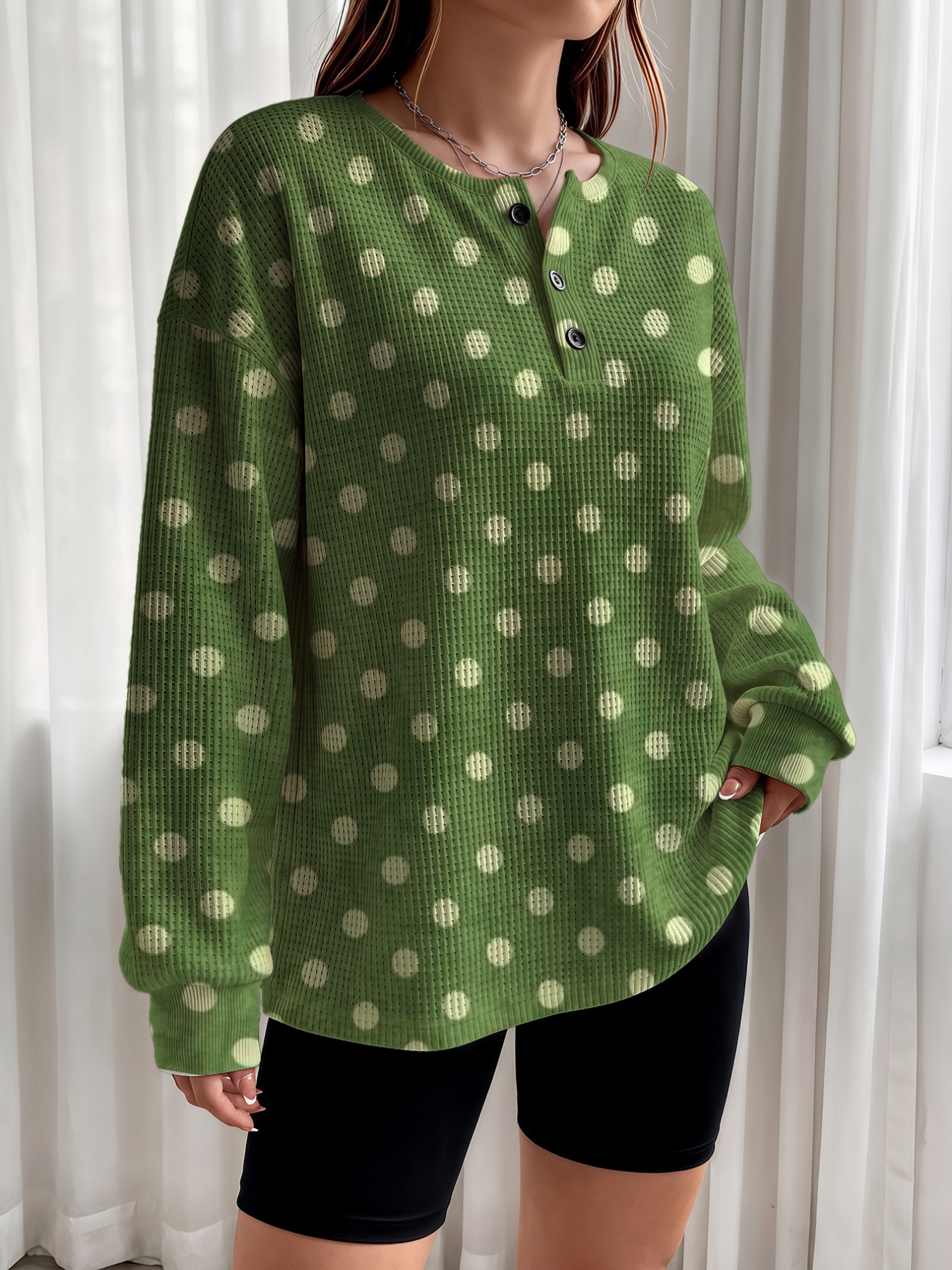 Green Polka Dot Henley Waffle Knit Top