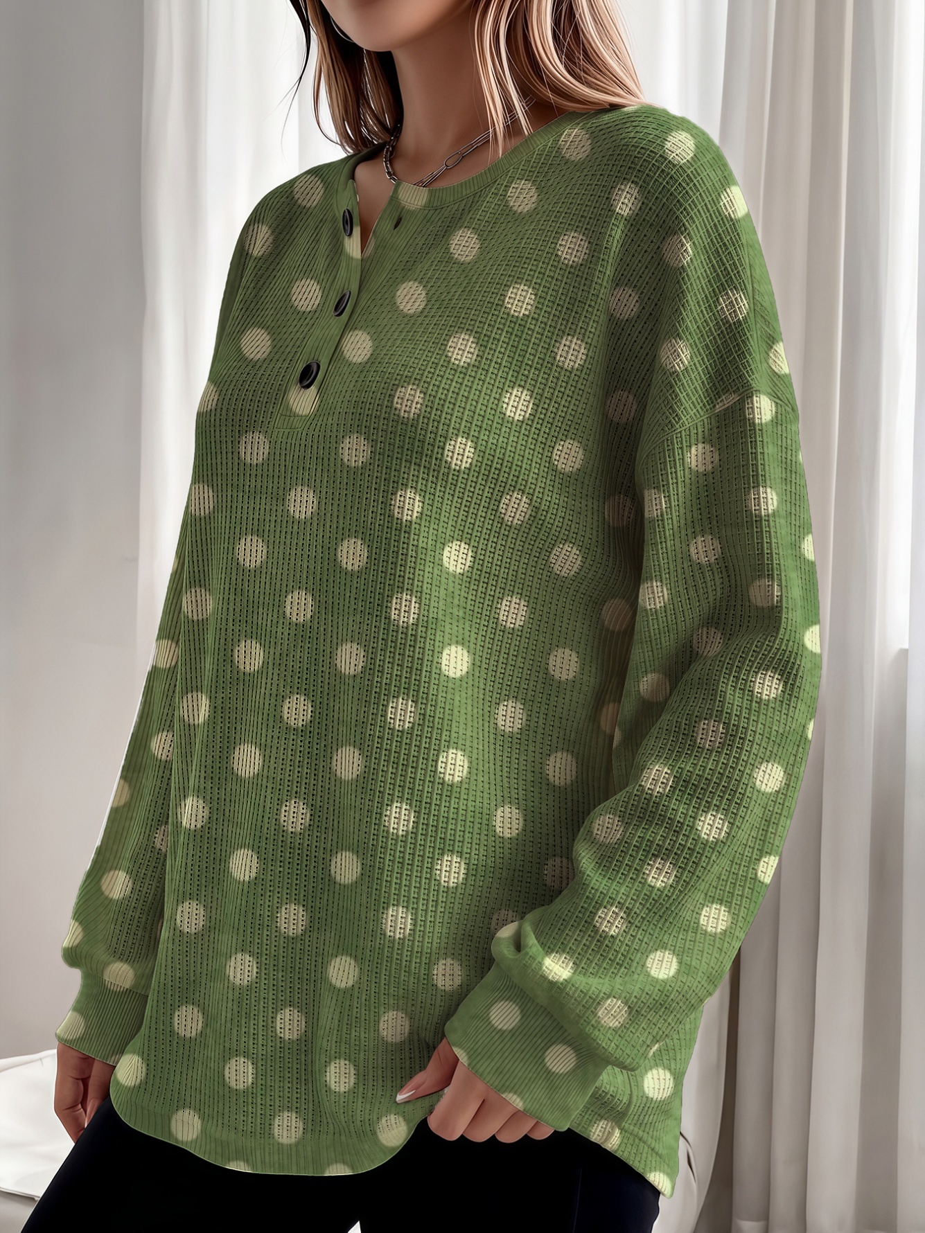 Green Polka Dot Henley Waffle Knit Top