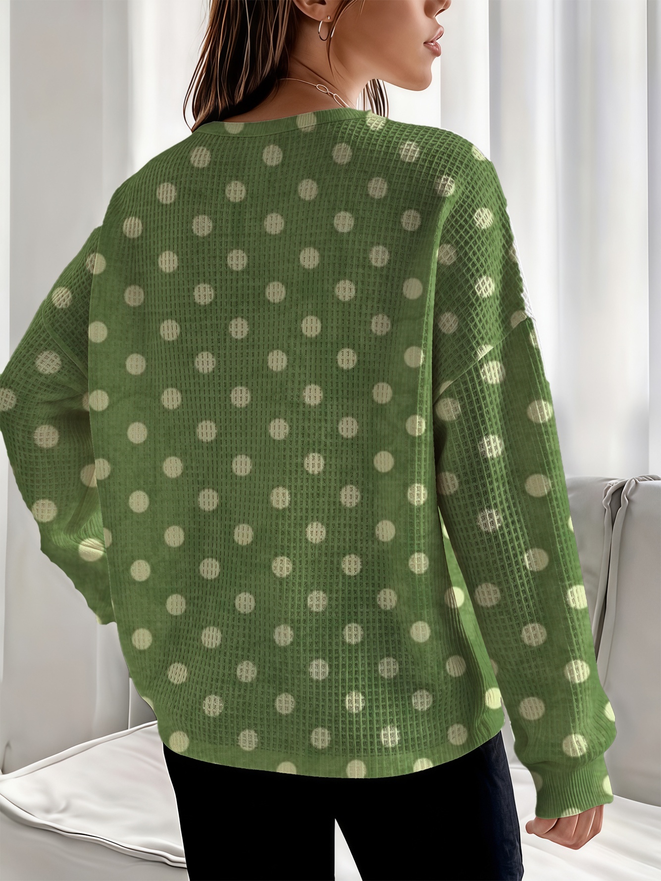 Green Polka Dot Henley Waffle Knit Top