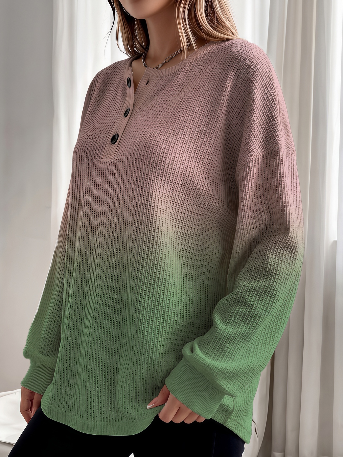 Ombre Waffle Knit Henley Top