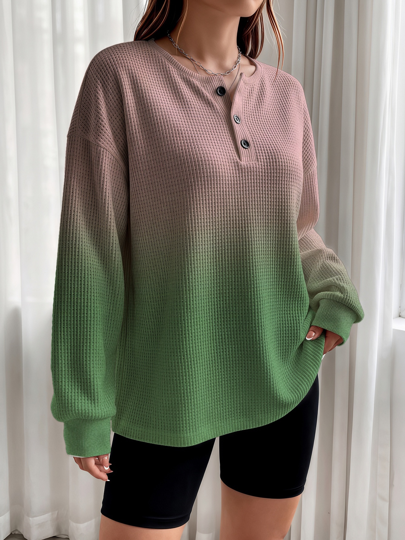 Ombre Waffle Knit Henley Top