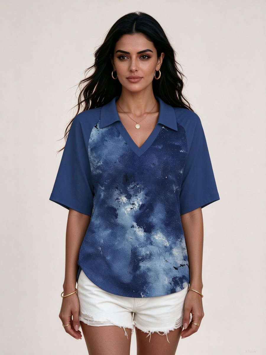 Blue Marbled Print Polo Top