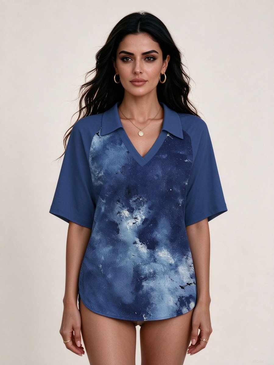Blue Marbled Print Polo Top