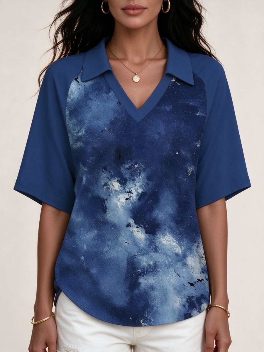 Blue Marbled Print Polo Top