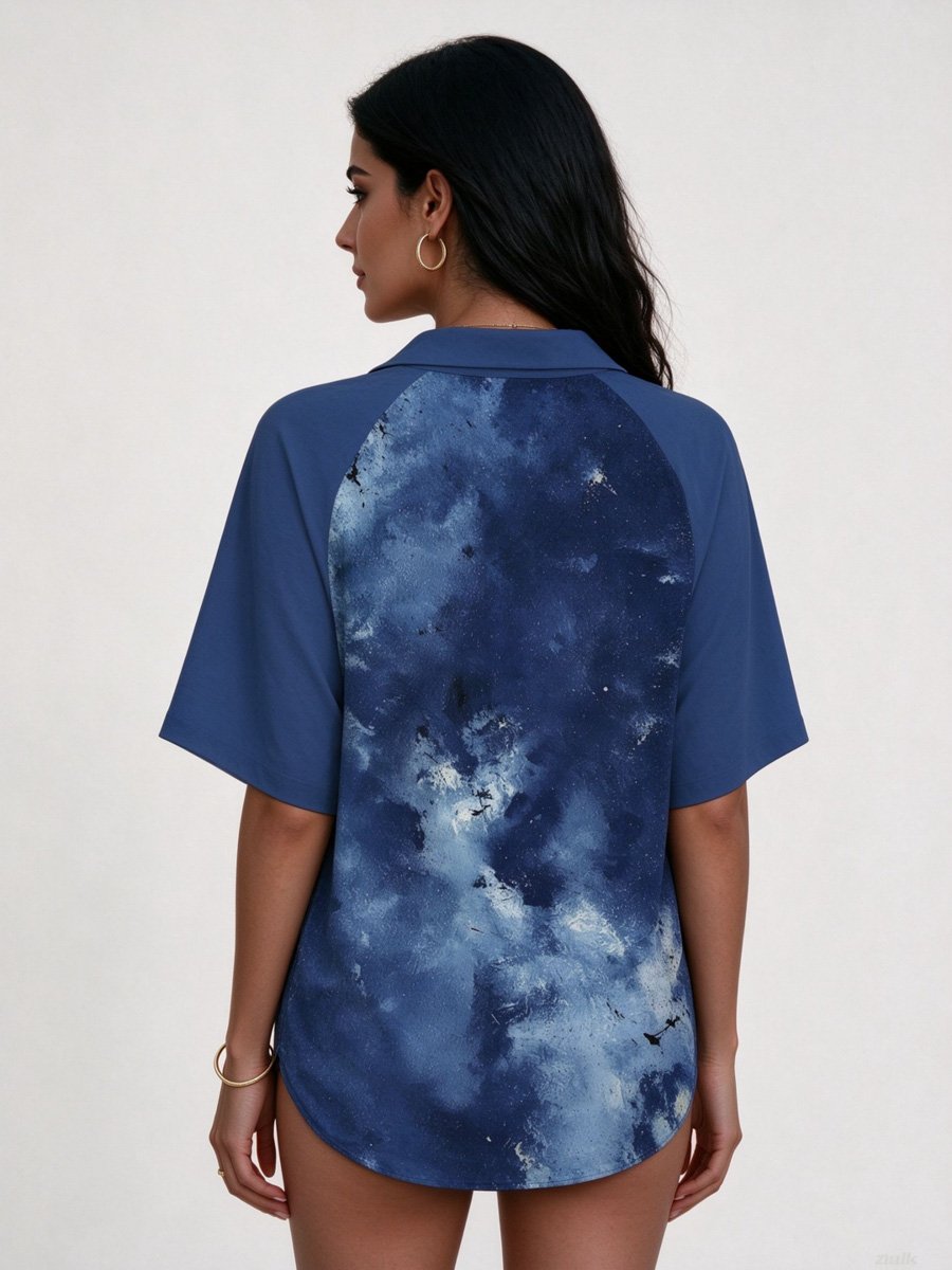 Blue Marbled Print Polo Top