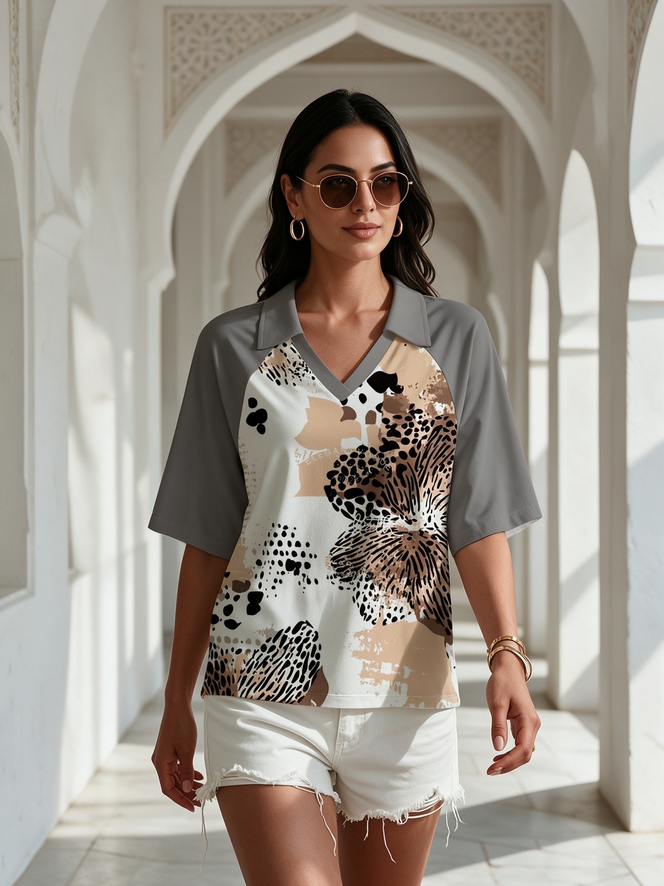 Charcoal Abstract Print V-Neck Casual Top 