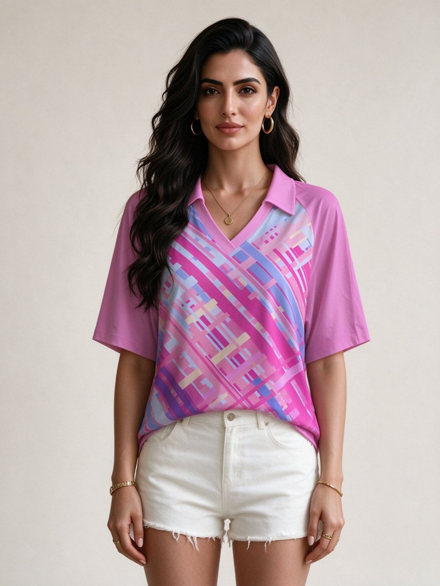 Purple Geometric Print Polo Top