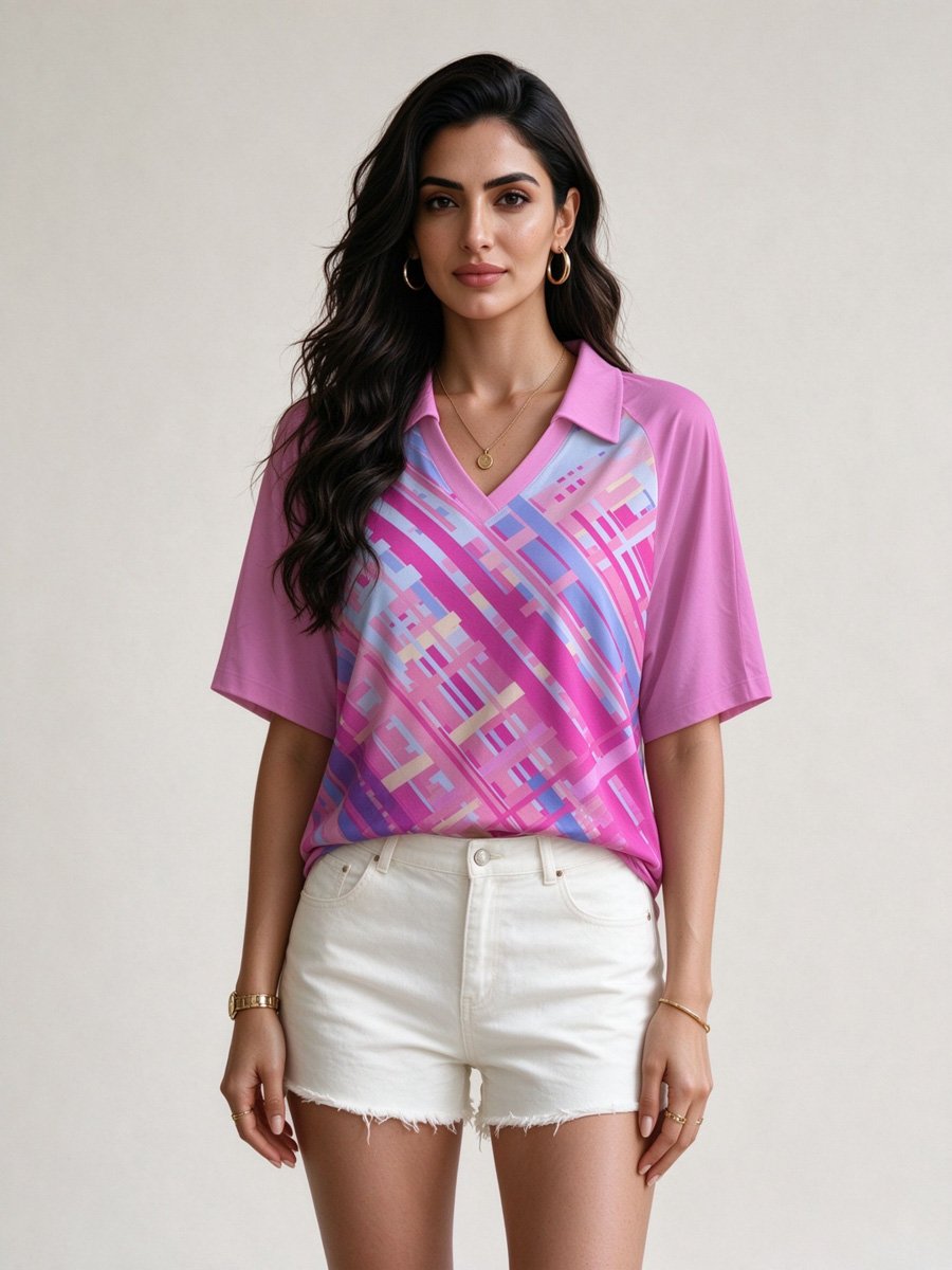 Purple Geometric Print Polo Top