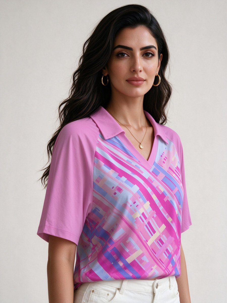 Purple Geometric Print Polo Top