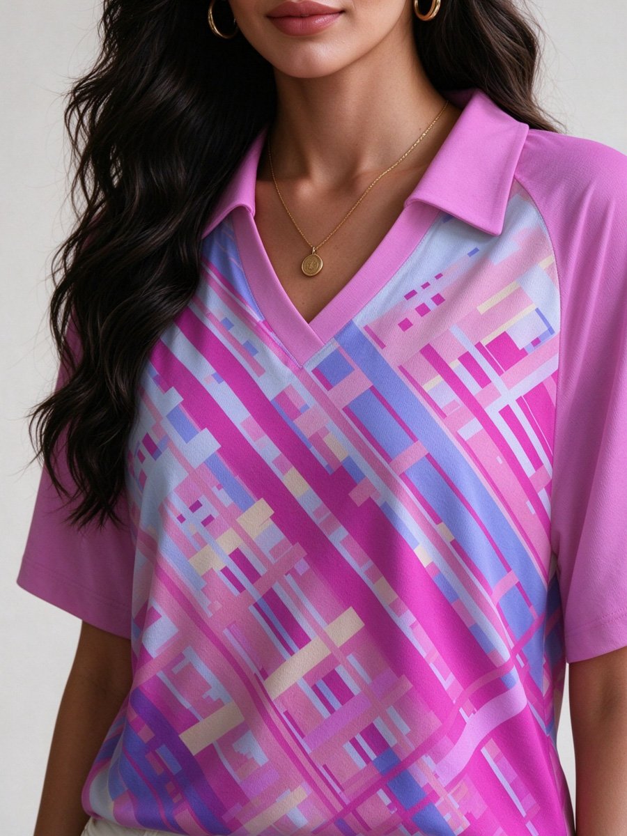 Purple Geometric Print Polo Top