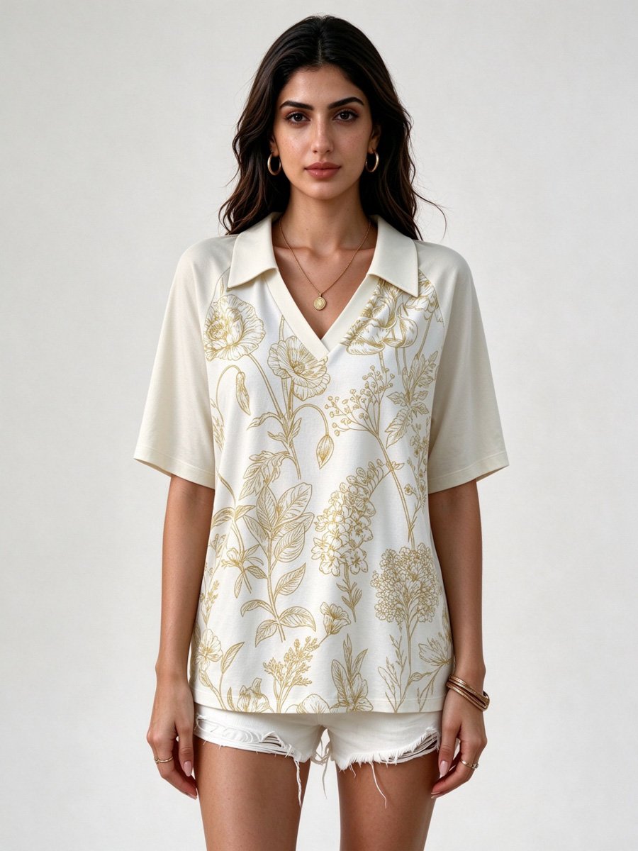 White Floral Print Short Sleeve Polo Top