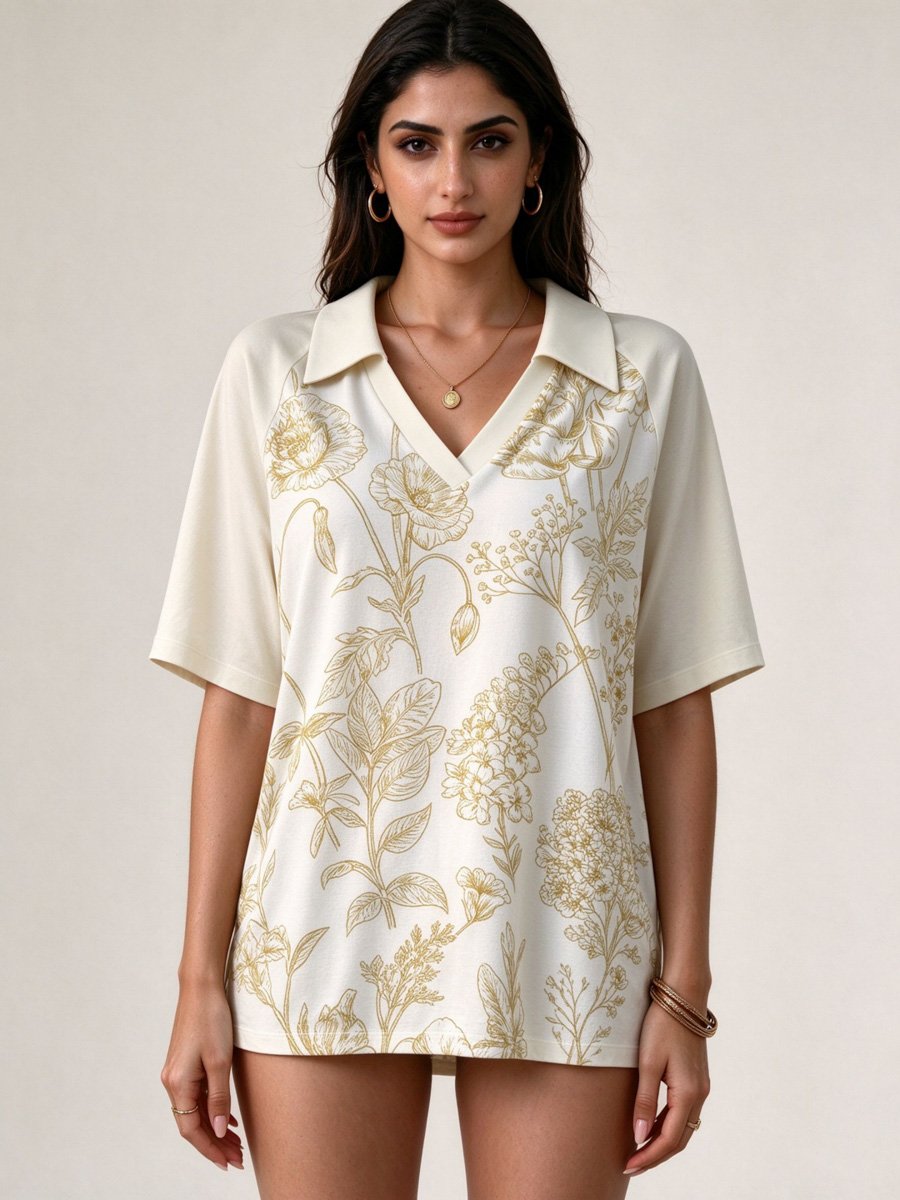 White Floral Print Short Sleeve Polo Top