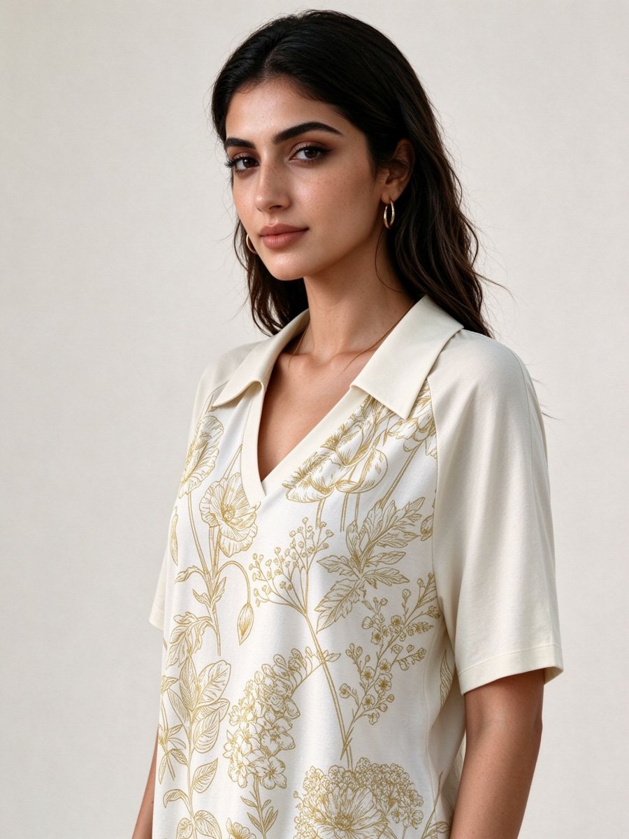 White Floral Print Short Sleeve Polo Top