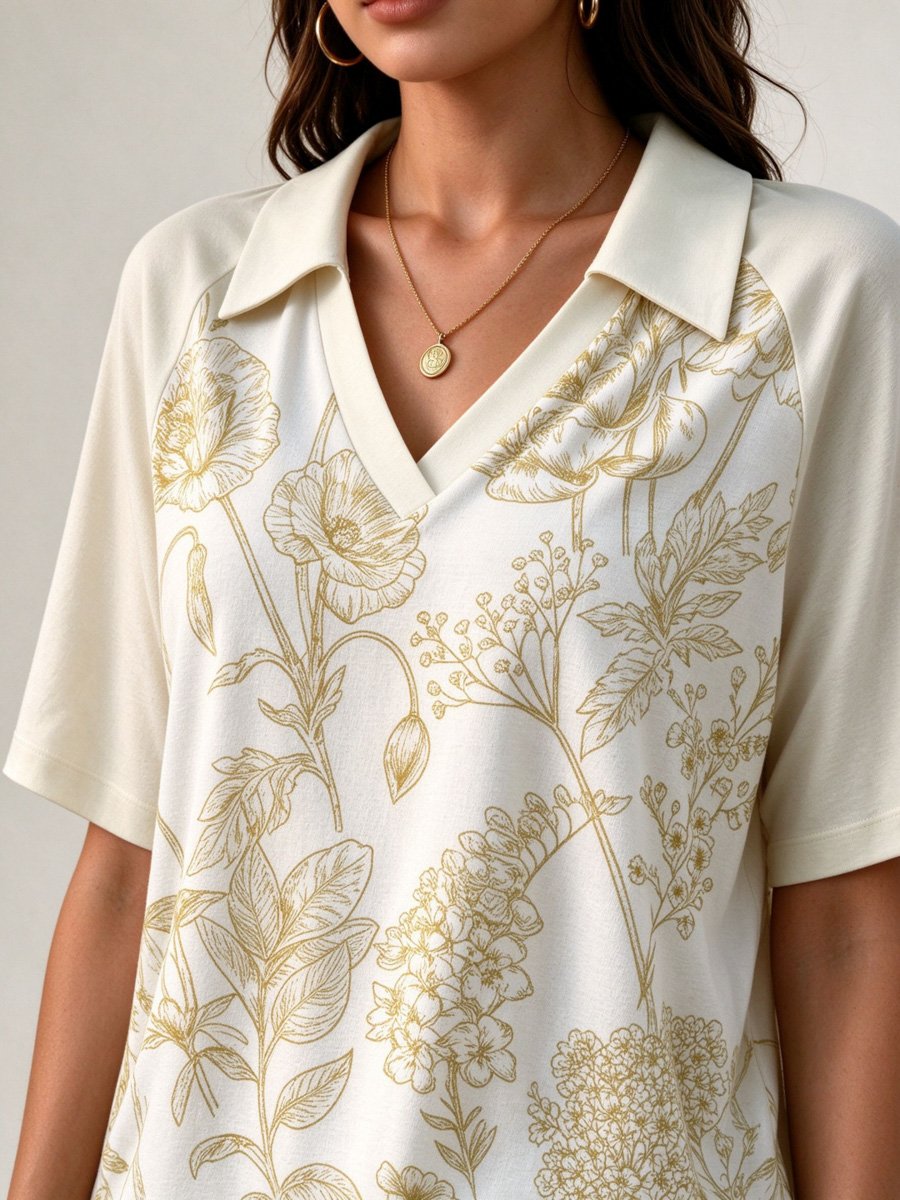 White Floral Print Short Sleeve Polo Top