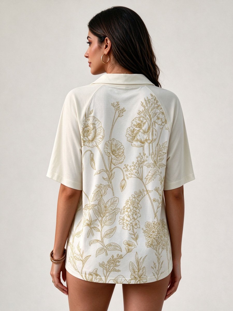 White Floral Print Short Sleeve Polo Top