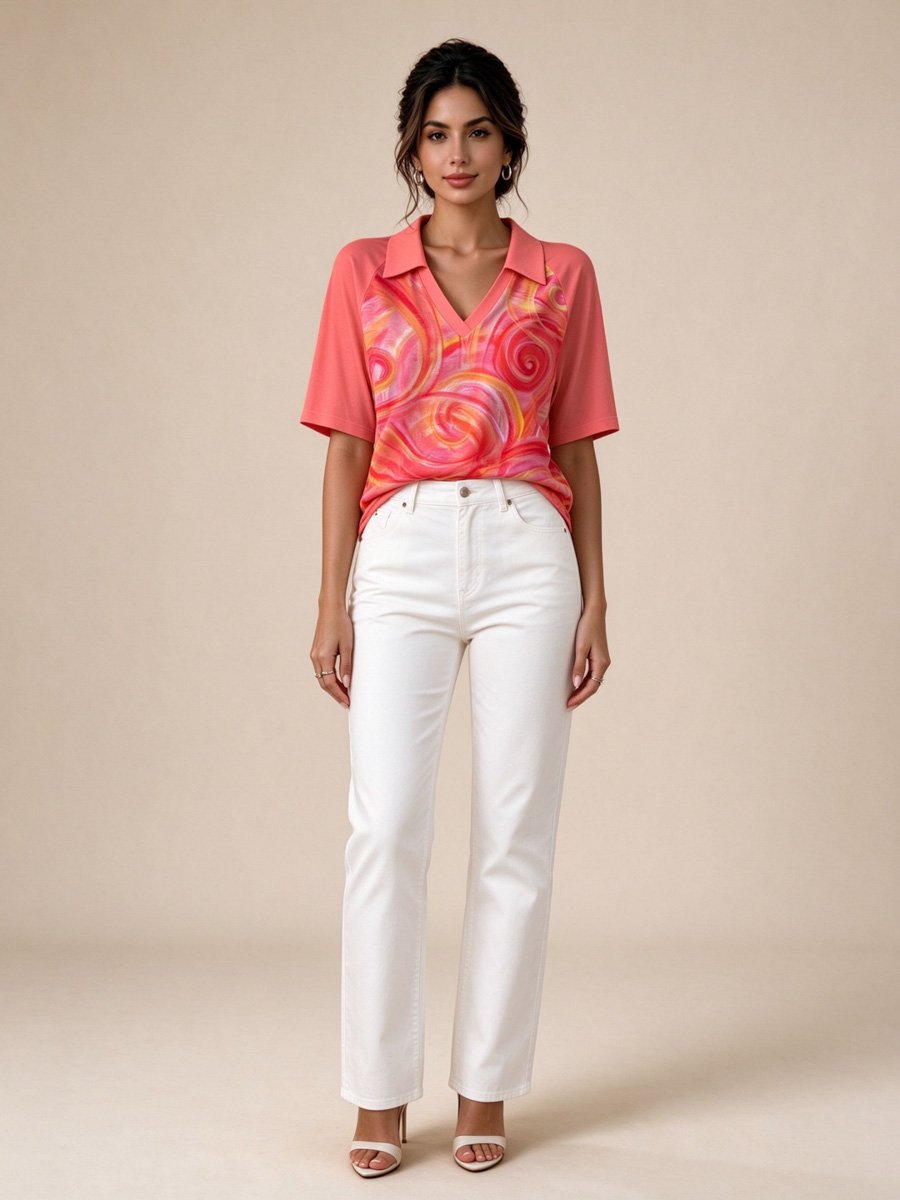 Magenta Spiral Print Polo Top
