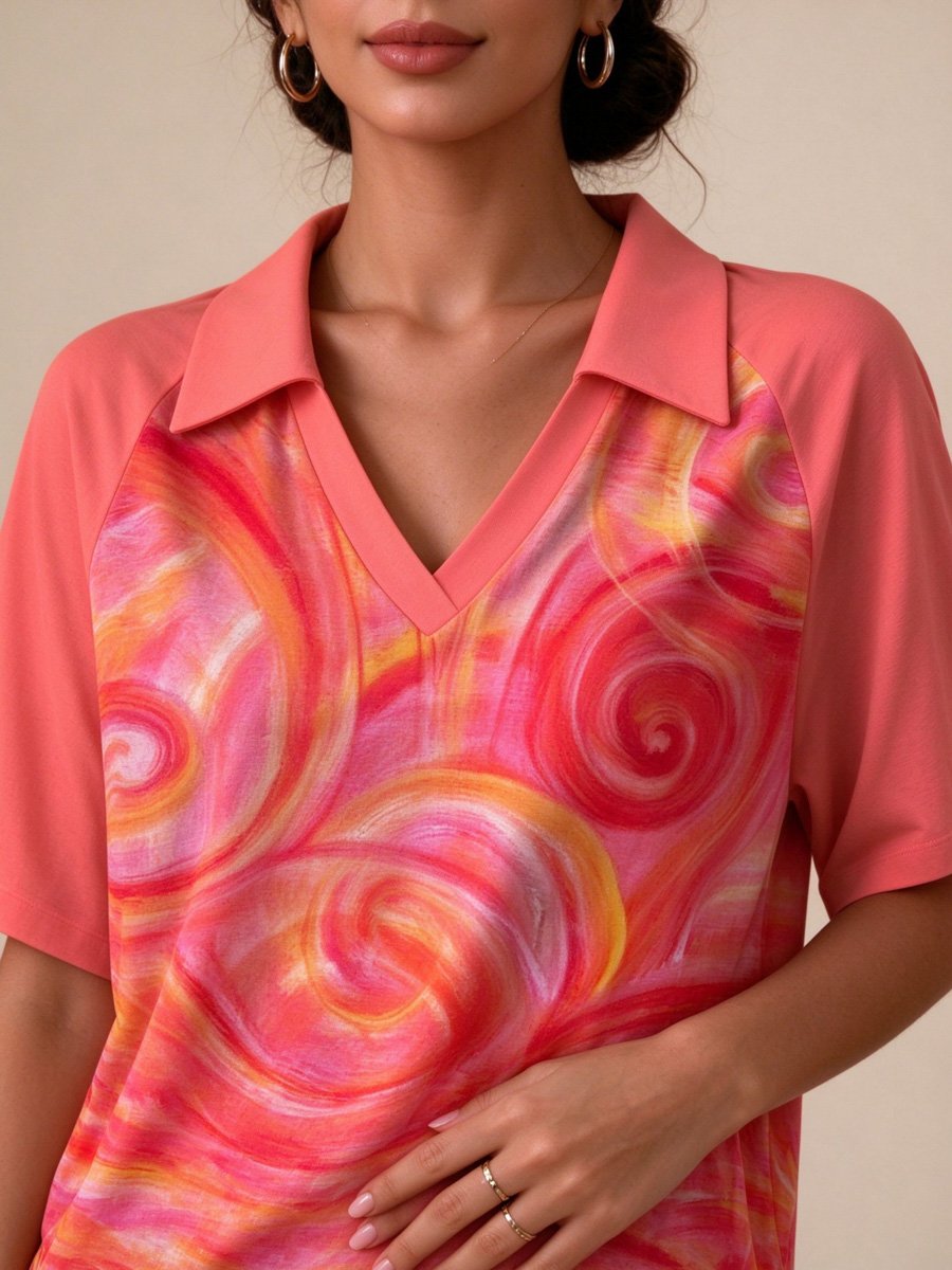 Magenta Spiral Print Polo Top