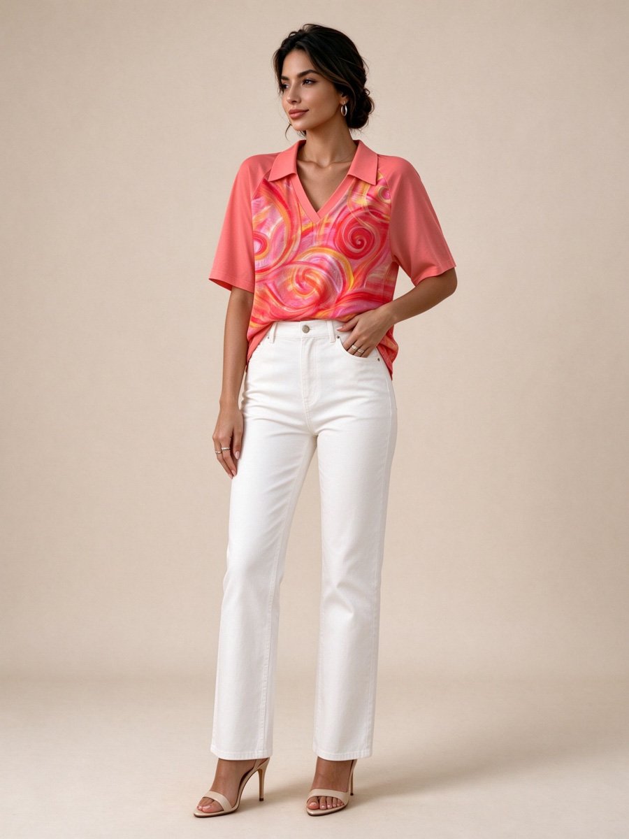 Magenta Spiral Print Polo Top