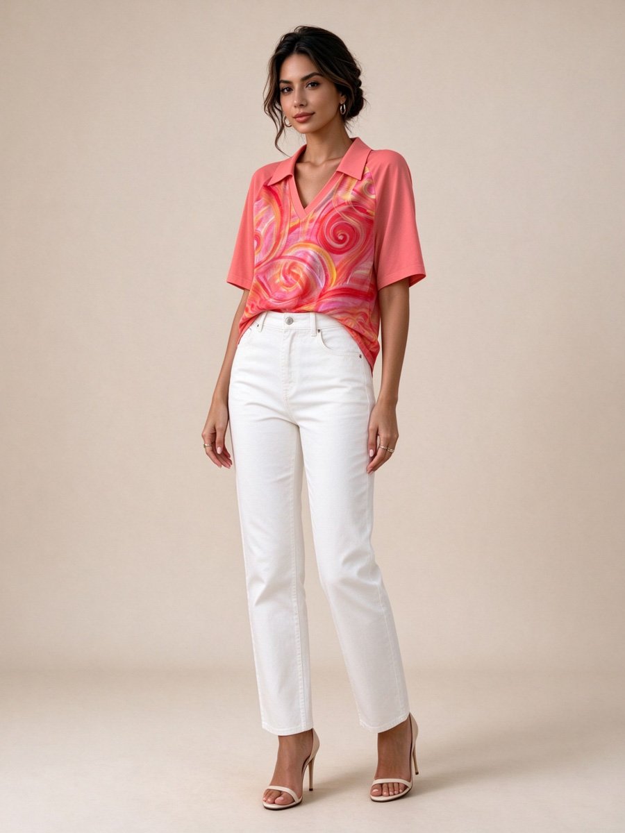 Magenta Spiral Print Polo Top