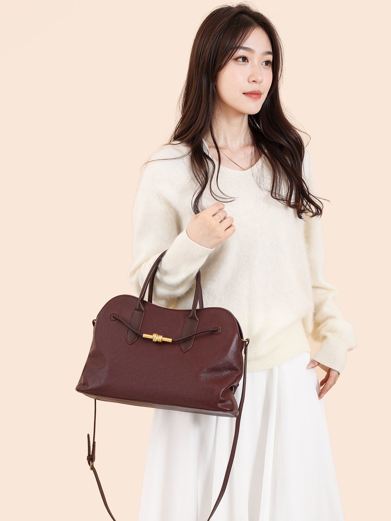 Burgundy Solid Handbag with Zip