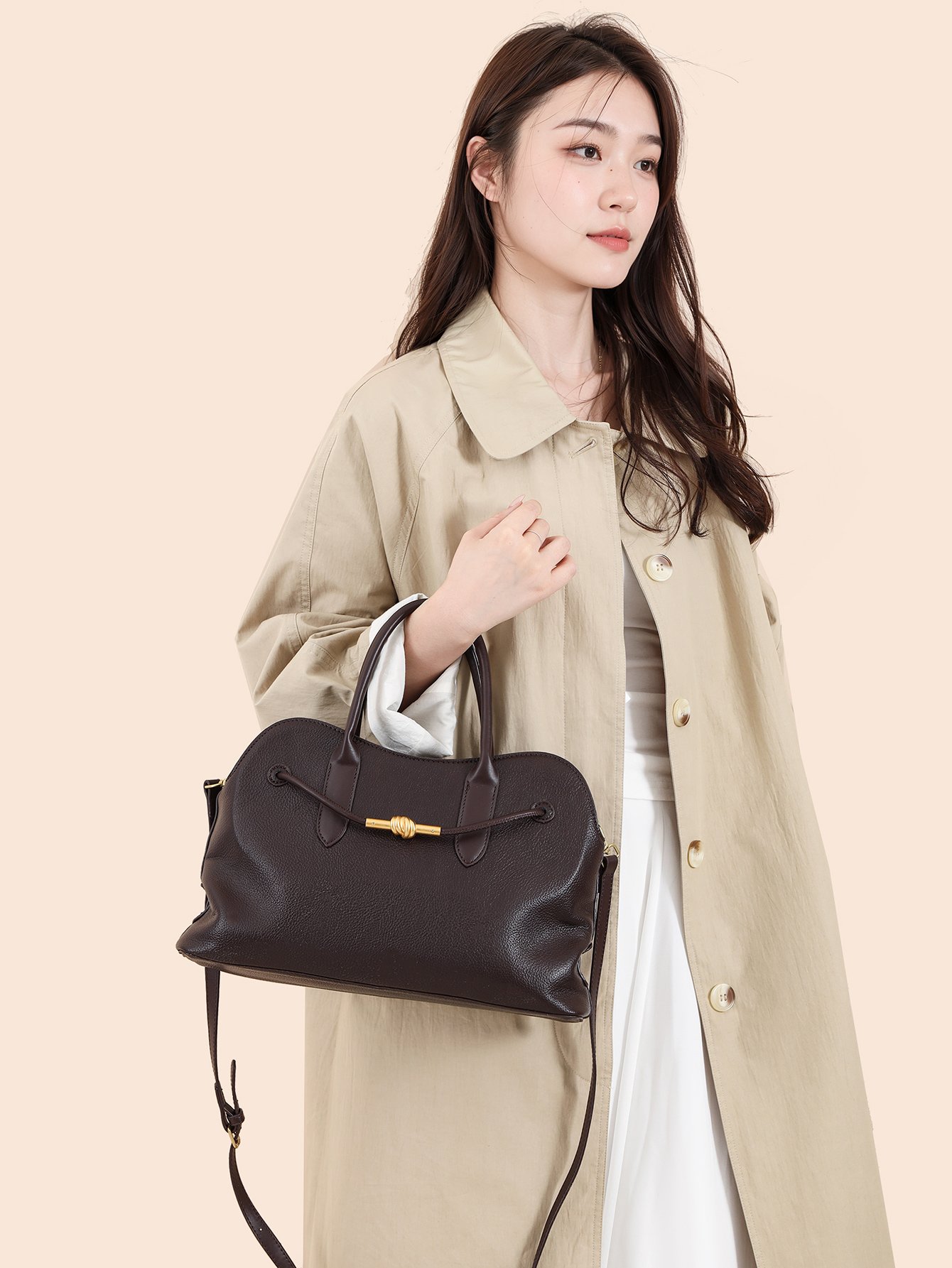 Coffee Brown Texture Shoulder Bag with Zip