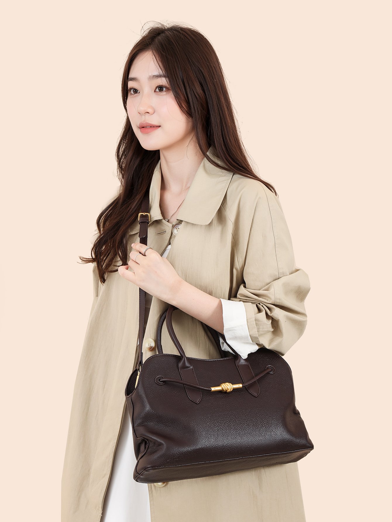 Coffee Brown Texture Shoulder Bag with Zip
