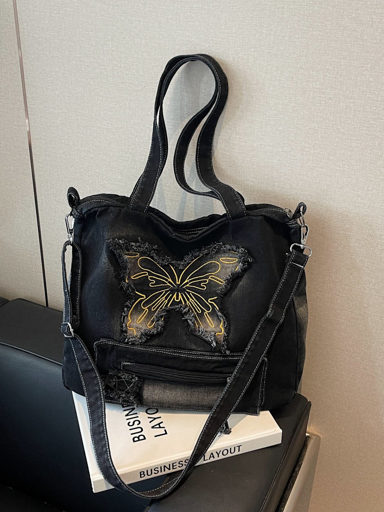 Black Denim Butterfly Crossbody Bag