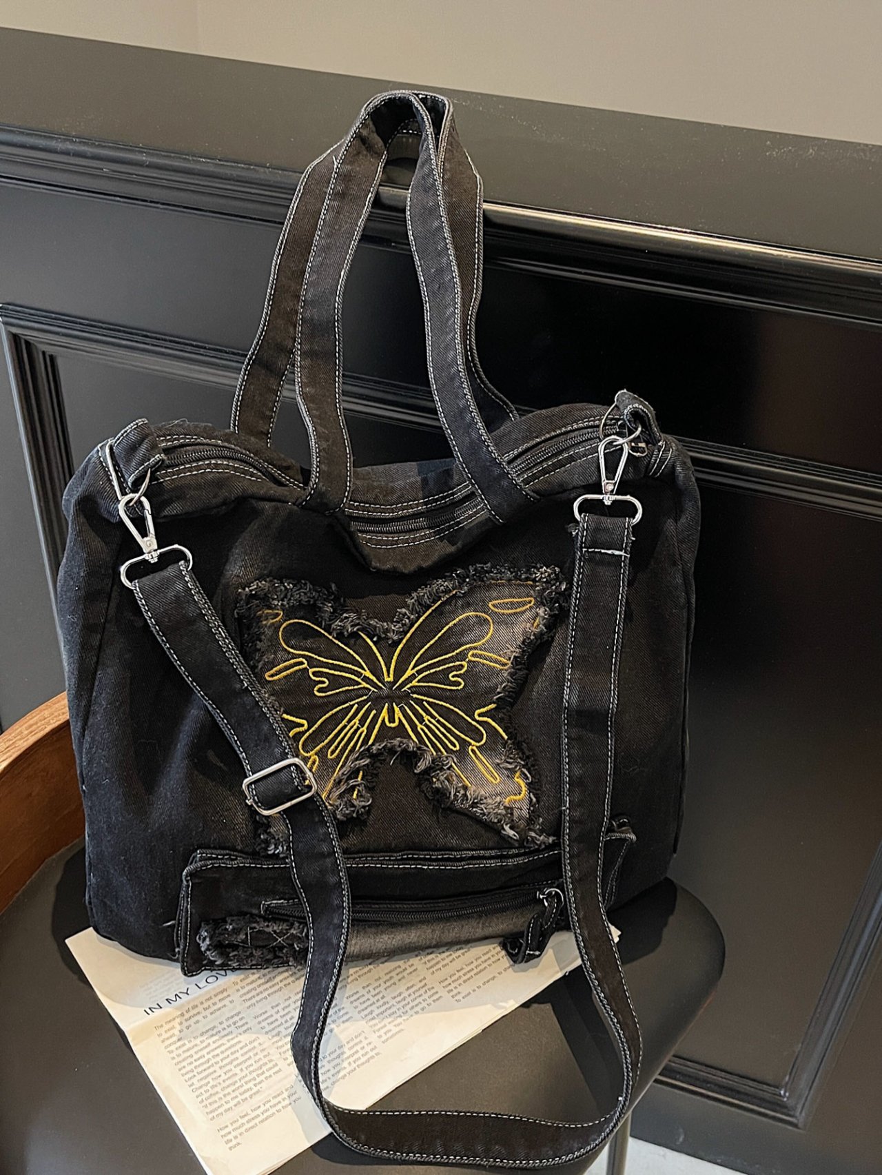 Black Denim Butterfly Crossbody Bag
