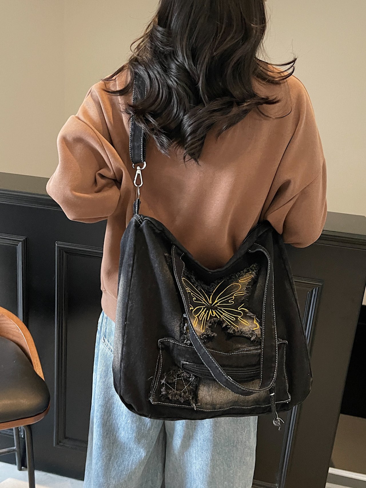 Black Denim Butterfly Crossbody Bag