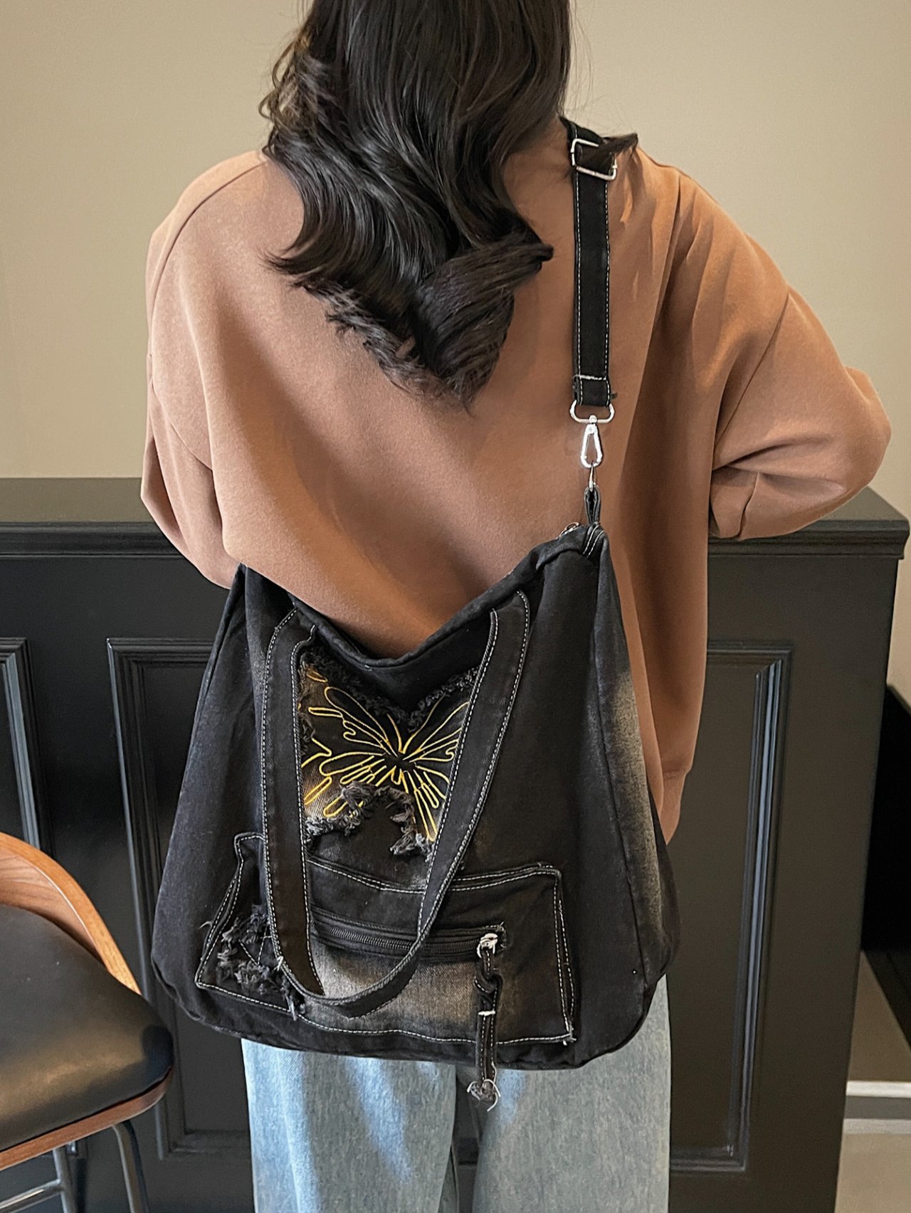Black Denim Butterfly Crossbody Bag