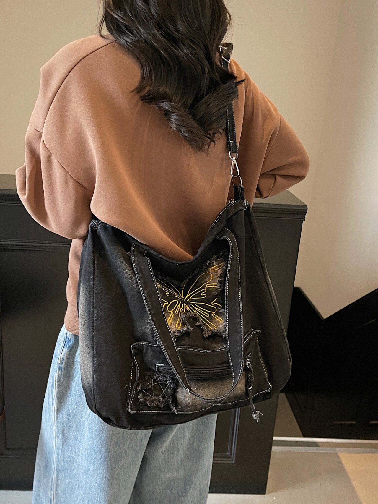Black Denim Butterfly Crossbody Bag
