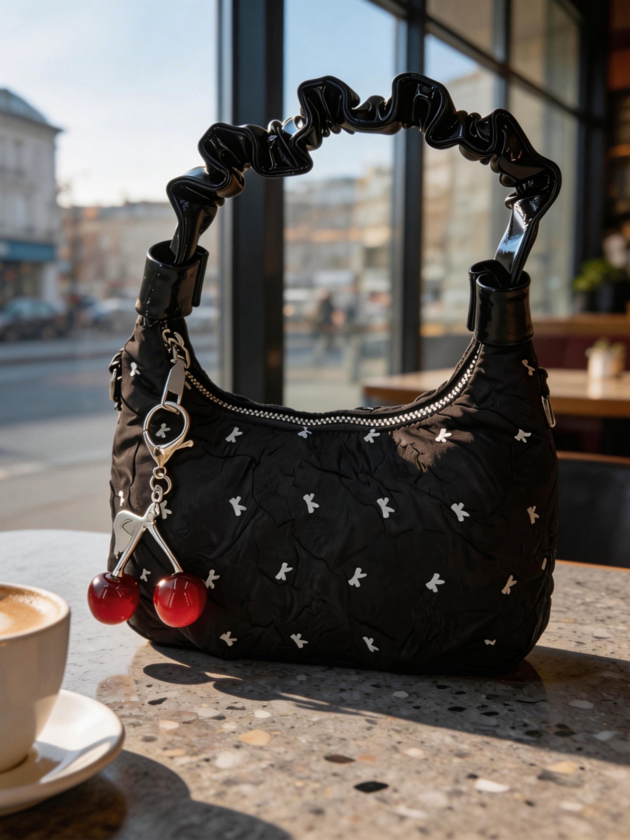 Black Printed Shoulder Bag with Zip