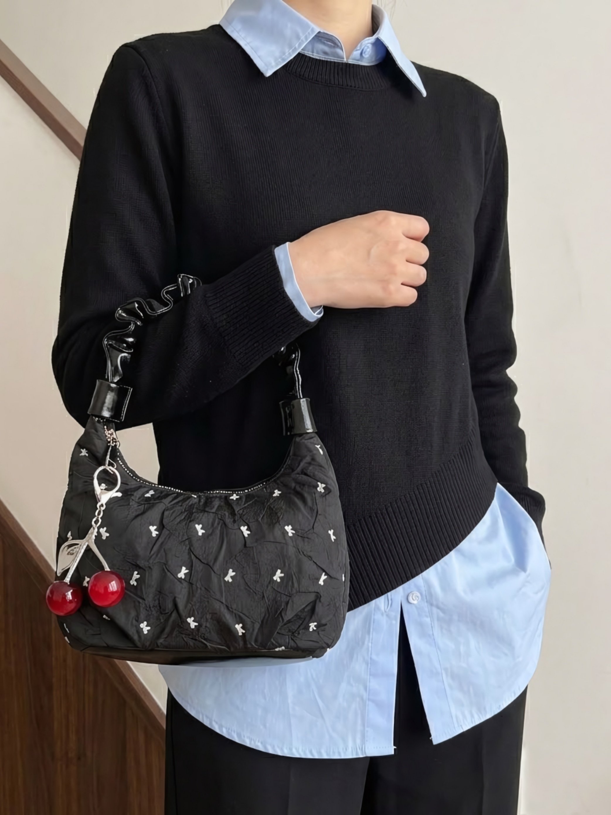 Black Printed Shoulder Bag with Zip