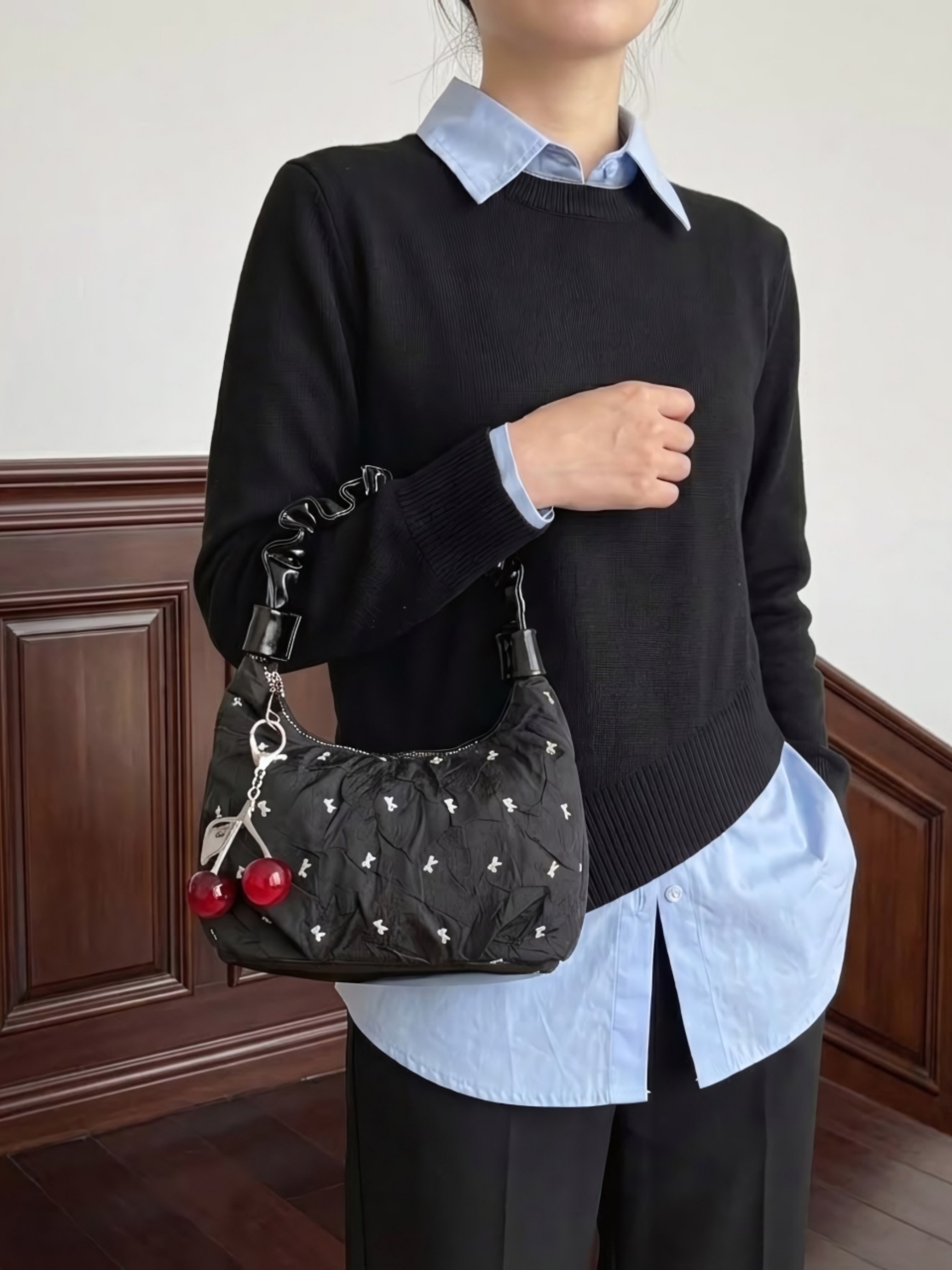 Black Printed Shoulder Bag with Zip